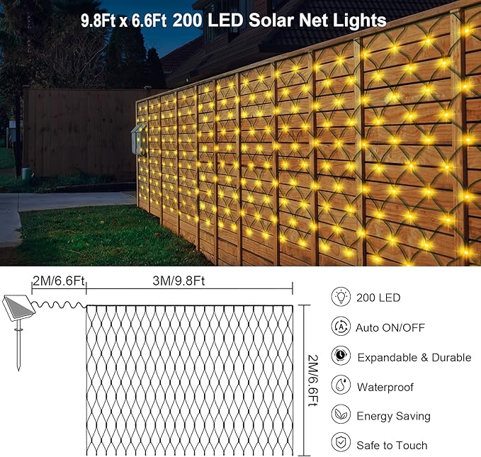 Solar LED Net Lights 9.8 x 6.6Ft, 200 LEDs Net Mesh Lights, Solar Outdoor Bush Mesh Light Dark Green Cable with 8 Modes for Trees Bushes Garden Yard Decoration - Warm White