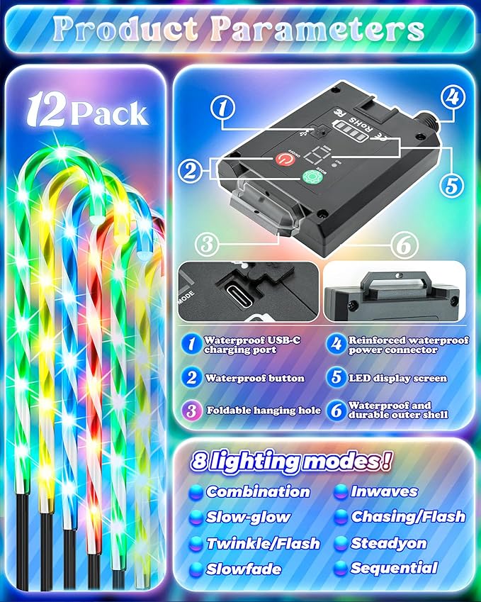 Anordsem Solar Christmas Decorations Outdoor: 21" Candy Cane Stake Lights 12 Pack - Waterproof LED 8 Colorful Lighting Models for Pathway Yard Garden Xmas Decor - 2026 New Year Gifts for Homeowners