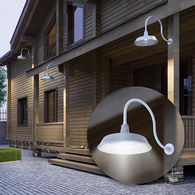 17in. Galvanized Finish Outdoor Gooseneck Barn Light Fixture with 24in. Long Extension Arm - Wall Sconce Farmhouse | Lumora