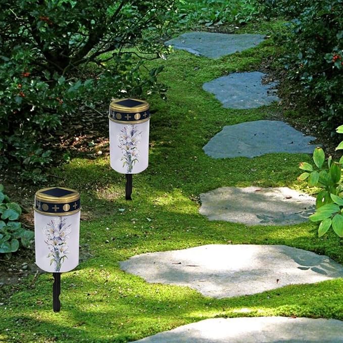 Solar Lighted Lily Cross Print Waterproof Solar Grave Outdoor Lights for Cemetery Landscape Path Flamesless Candle | Lumora