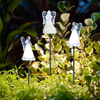 Glitzhome Solar Lights Outdoor 3 Pack Solar Angel Stake Lights with Stainless Steel Pole for Garden Deck Patio Landscape Decorating