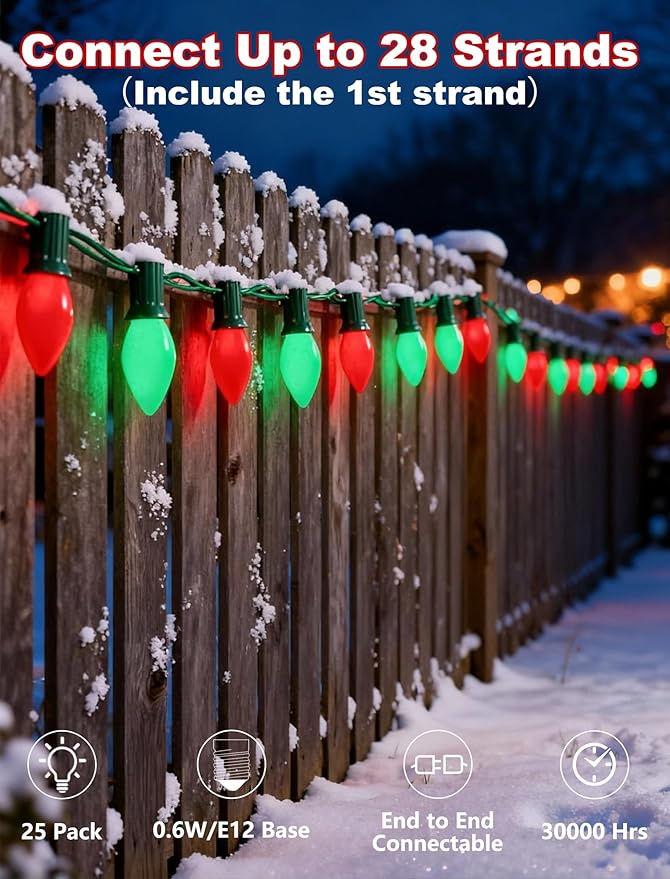 C7 Outdoor Christmas Lights - 25ft Red and Green Christmas Lights with 27 Ceramic Bulbs(2 Spare), Waterproof Extendable Christmas Tree Lights for Indoor Party Backyard Xmas Light,Green Wire