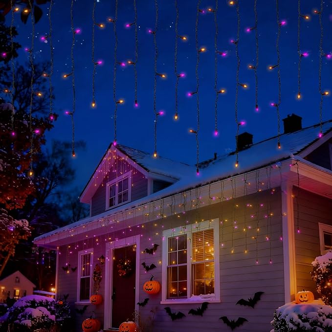 LED Christmas Lights, 100 LED Icicle Lights on 7FT with 4 Inch Spacing - 5MM Wide Angle Violet & Orange Bulbs, IP68 Waterproof & ETL Certified for Outdoor/Indoor