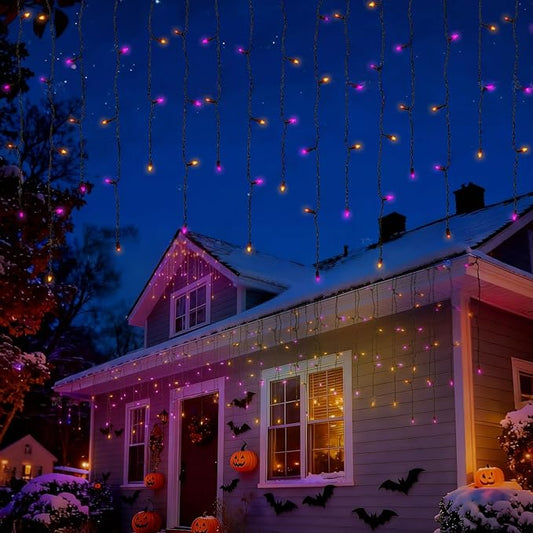 LED Christmas Lights, 100 LED Icicle Lights on 7FT with 4 Inch Spacing - 5MM Wide Angle Violet & Orange Bulbs, IP68 Waterproof & ETL Certified for Outdoor/Indoor