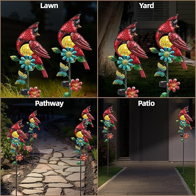 Cardinal Decor Solar Garden Stakes Outdoor Decorative Waterproof Metal Garden Sculpture Cardinal Solar Lights for Outside Lawn Yard Patio Cemetery Decoration Red Bird Gardening Gifts for Women