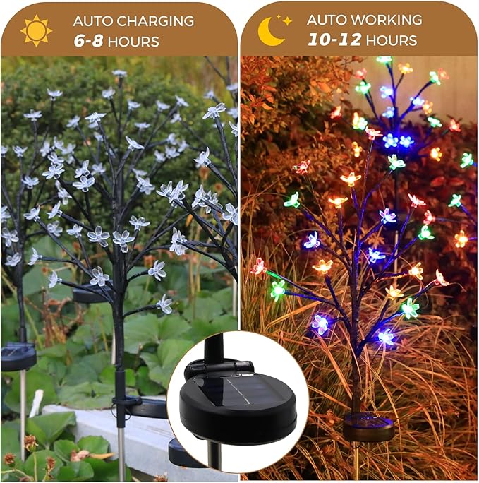 Solar Garden Lights Outdoor Garden Decor, 4 Pack Cherry Blossom Solar Flowers Outdoor Waterproof Fairy Solar Lights, Outside Yard Decorations for Patio Pathway Decor, Gardening Gifts for Women Mom