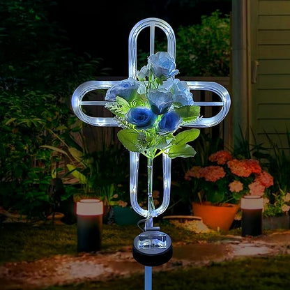 38 inch Cross Solar Light Outdoor Art Decoration - Metal and Blue Artificial Flower Craft Solar Light Stake- for Scenes Such as Garden Lawn Patio Patio Cemetery or Auditorium.