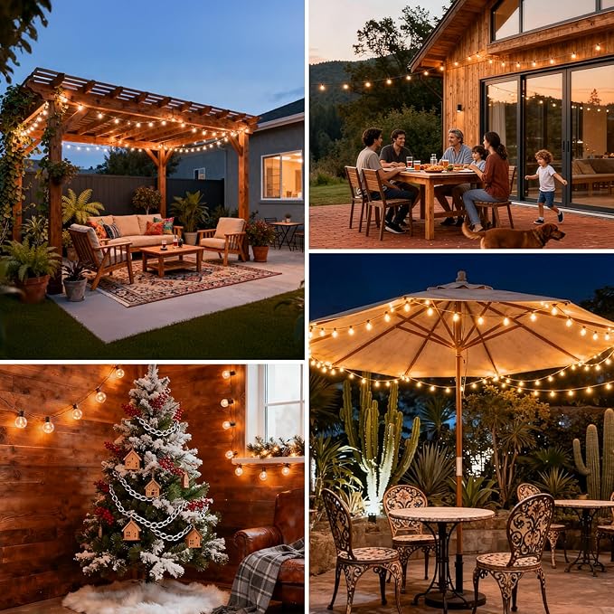 50 FT Yellow Outdoor String Lights G40 Globe Shatterproof Patio Lights,26 Plastic Edison Bulbs(2 Spare) IP65 Waterproof Dimmable LED Bulbs for Backyard Porch Balcony Party Decor, E12 Base