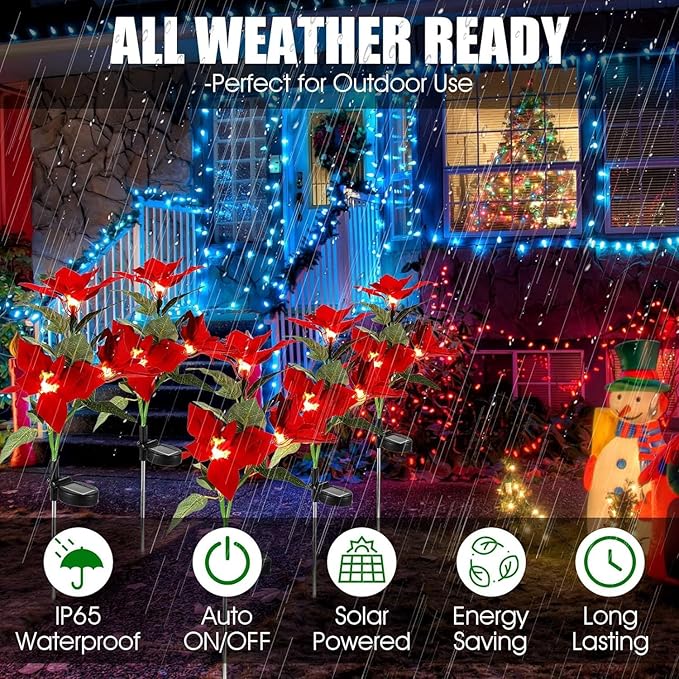 2 Pcs Solar Garden Lights,IP65 Waterproof Solar Poinsettia Flowers Lights Landscape Lighting,Simulation Poinsettia | Lumora