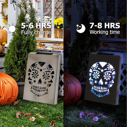 HUAXU Halloween Decorations Outdoor Solar Color Changing Skull Wall Decor LED Lights Skeletong Gost Scary Garden Decor Waterproof Solar Lights for Door Patio Yard Porch Pathway Clearance