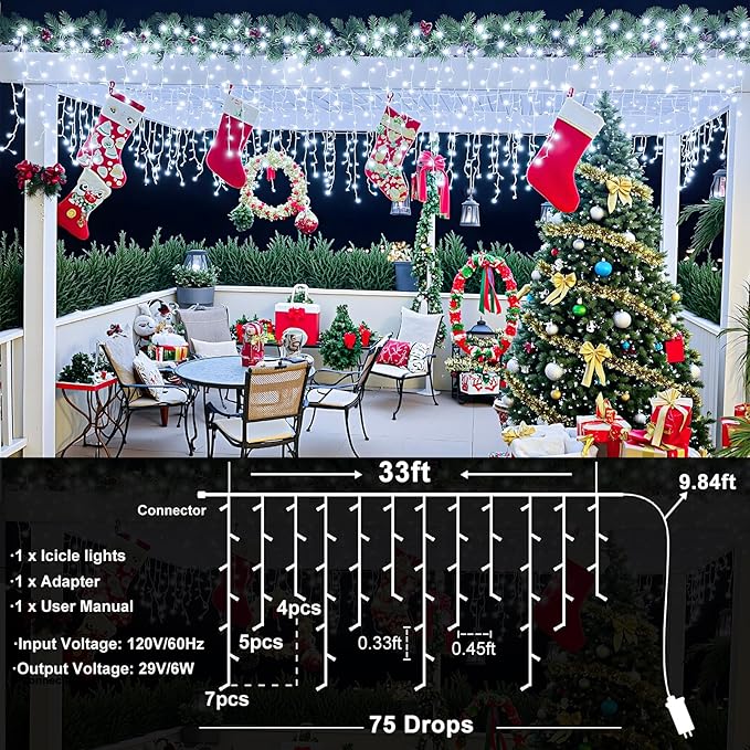 Icicle lights Outdoor - 33ft Christmas Lights with 400LED 75 Drops 8 Modes, Plug in Curtain String Lights Waterproof for Holiday Wedding Party Home Garden Bedroom Indoor Outdoor Decoration, Cool White