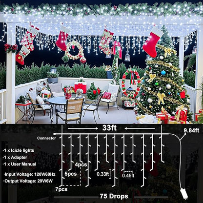 Icicle lights Outdoor - 33ft Christmas Lights with 400LED 75 Drops 8 Modes, Plug in Curtain String Lights Waterproof for Holiday Wedding Party Home Garden Bedroom Indoor Outdoor Decoration, Cool White