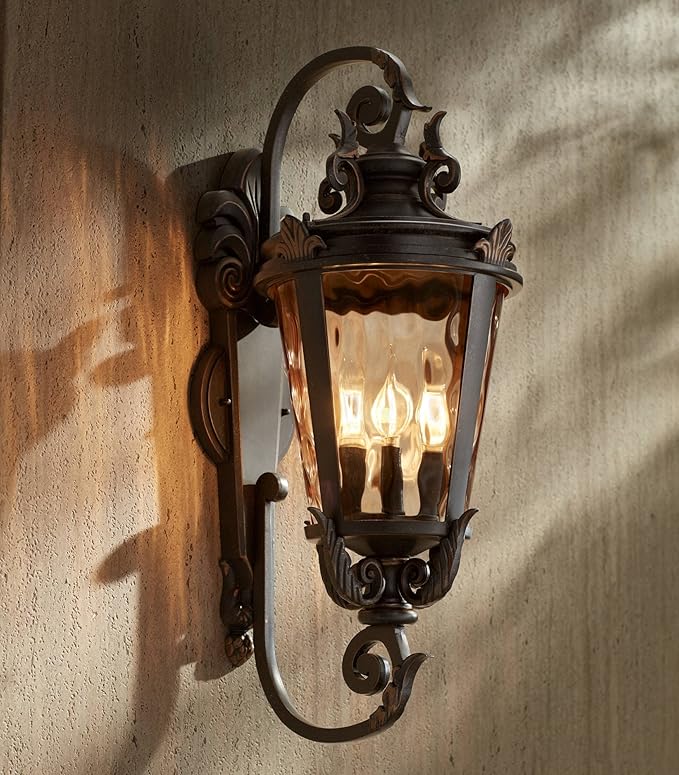 John Timberland Casa Marseille Rustic Industrial Outdoor Wall Light Fixture Warm Bronze Scroll 27 1/2" Hammered | Lumora