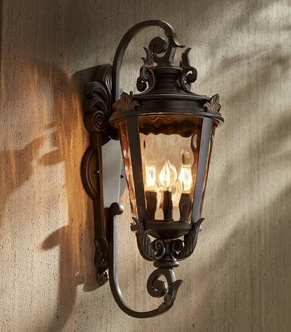 John Timberland Casa Marseille Rustic Industrial Outdoor Wall Light Fixture Warm Bronze Scroll 27 1/2" Hammered Glass for Exterior House Porch Patio Outside Deck Garage Yard Front Door Garden Home
