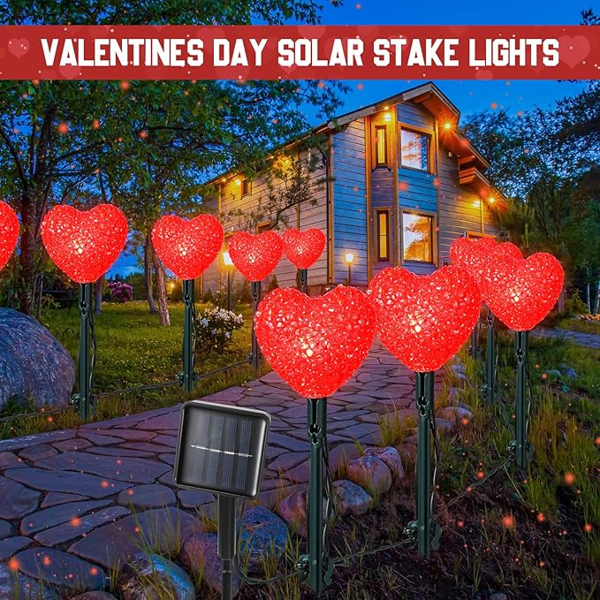 Valentine's Day 36ft Solar Stake Lights with 16 LED Lighted Heart Light Outdoor Waterproof Decorations with 3 Modes for Walkway Lawn Patio