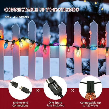 Kawaya Outdoor Christmas String Lights: C9 LED faceted Tree Lights, 50FT 50 Bulbs Multi Colored Indoor Decorations Lights, IP65 Commercial Waterproof Xmas Lights for Outside Roof House Walkway Pathway