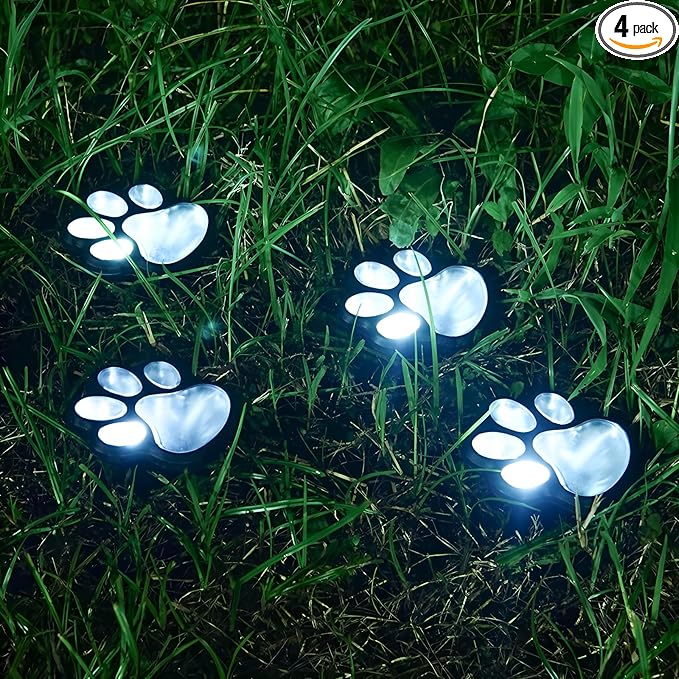 4 Pack Paw Print Solar Light Outdoor,Solar Dog Paw Light for Garden Decorations,IP65 Waterproof Solar Powered Yard Cat Puppy Lights for Lawn Pet Cemetery Pathway Patio Pet Lovers (White Light)