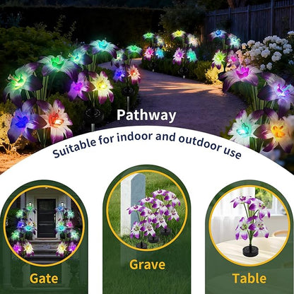 Solar Flowers Lights - Solar Garden Lights Outdoor Waterproof Lily Flower, 40 Hours Color Changing Solar Powered Outside Decor Decoration for Yard Patio Pathway Lawn, Gifts for Mom, 2pcs