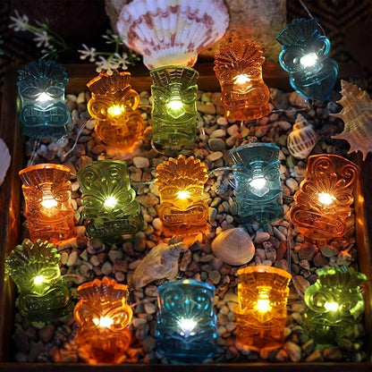 JASHIKA Tiki Mask String Lights USB Powered 20PCS 7FT, Tropical Hawaiian LED Fairy Lights with Remote and Optional Battery Box, Colorful 3D Mask Indoor Bar Dorm Bedroom Wall Shelf Party Decorations