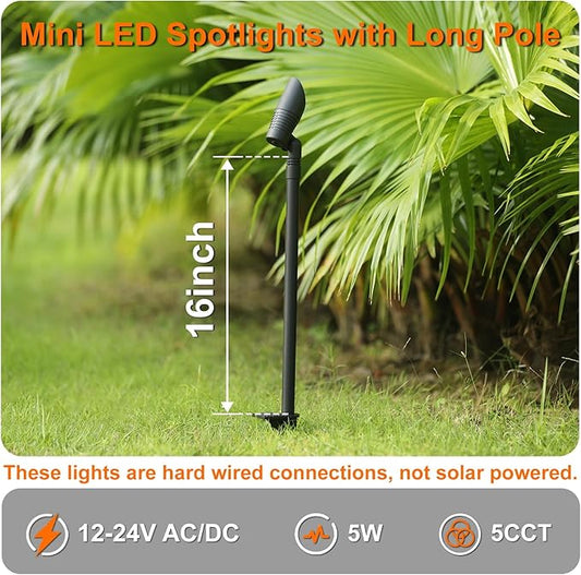 Mini LED Landscape Spotlights, 16'' Tall Pole, 5CCT 5W 12 Volt Wired Low Voltage Bronze Landscape Small Spotlights for Outdoor Tree Flag House Pathway Driveway, 60° Beam Angle, 1PK