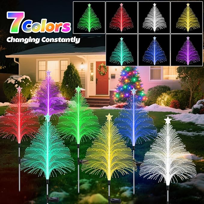 Solar Christmas Decorations Outdoor, 4 Pack 38.5 Inch 7 Color Changing Jellyfish Light with 5 Layer Optical Fiber, Solar Star Flower Light for Yard Garden Pathway Xmas Tree Ourside Decor