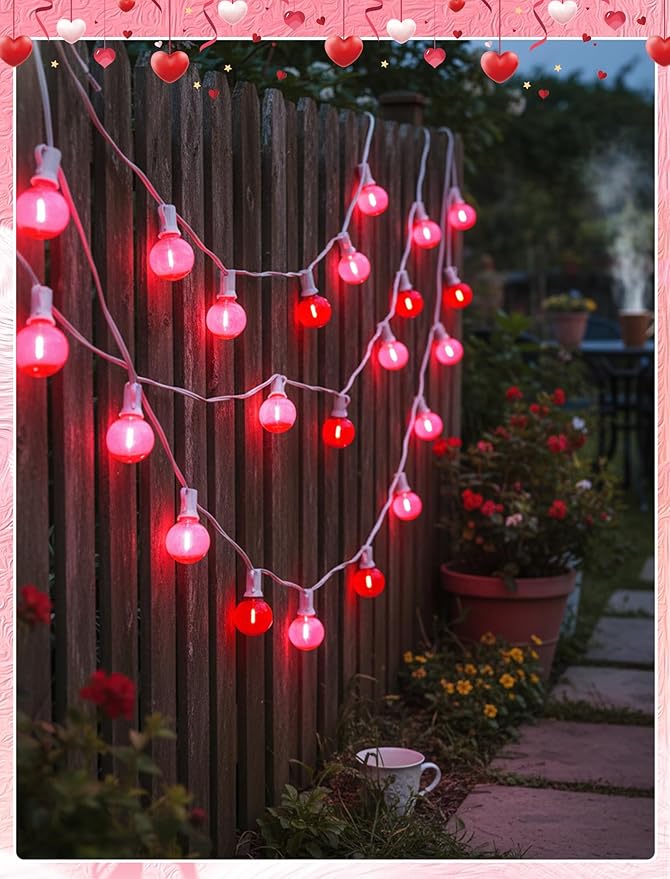 G40 LED Valentine’s Day String Lights, 50Ft Valentines Decorations Lights Outdoor with Clear Red Pink Round Bulbs, Hanging Patio Lights Shatterproof for Indoor Home Decor Wedding Party, White Wire