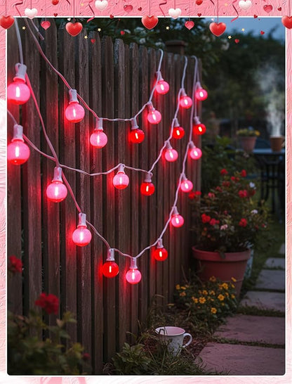 G40 LED Valentine’s Day String Lights, 50Ft Valentines Decorations Lights Outdoor with Clear Red Pink Round Bulbs, Hanging Patio Lights Shatterproof for Indoor Home Decor Wedding Party, White Wire