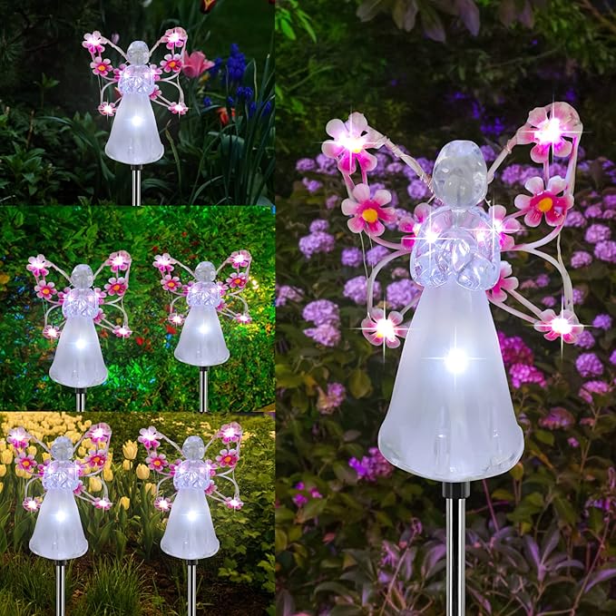 Solar Garden Lights, LED Angel Solar Landscape Decorative Lights, Outdoor Waterproof Solar Garden Stake Lights, Solar Pathway Lights for Patio Yard Lawn Grave Cemetery, Memorial Sympathy Gift (Pink)