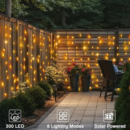 DBFAIRY Solar Curtain Lights,19.6ft x 3.3ft 300 LED Outdoor Christmas Solar Curtain Lights Waterproof Green Wire with 8 Mode for Garden Handrail Railing Eaves Wall Decoration -Warm White