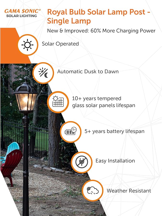 Gama Sonic Outdoor Solar Lamp Post Light, Brushed Bronze Aluminum and Rain Glass Panels, 10-Year Royal Bulb, Warm | Lumora