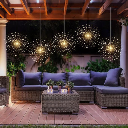4 Pack 800 LED Solar Starburst Sphere Lights,Firework Light Remote Control Timer 8 Modes Dimmable, Waterproof Hanging Sparkly Fairy Light for Patio Party Tent Halloween Christmas Decor (Warm White)