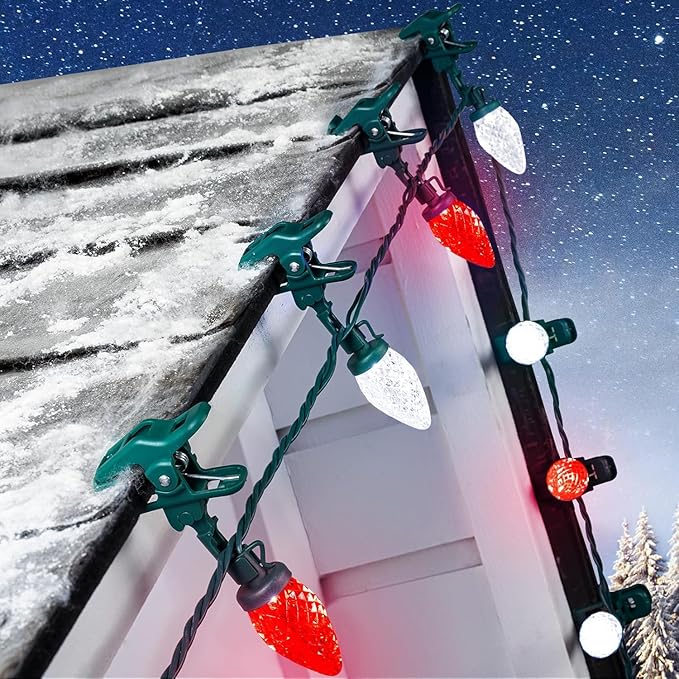 C9 LED Christmas Lights Outdoor with 100 Spring Clips, 65FT 100 LED C9 String Lights Waterproof Connectable for Roofline Patio House Yard Windows Xmas Tree Indoor Outdoor Christmas Decor, Red White