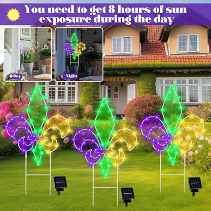 Retisee 3 Pack Mardi Gras Solar Outdoor Lights- Purple Green Gold Yard Stakes Lights, Fleur De Lis Metal Wire Decorative Solar Lamps,for Patio Lawn Yard Pathway Party Outdoor Decor, 6–8 Hour Runtime