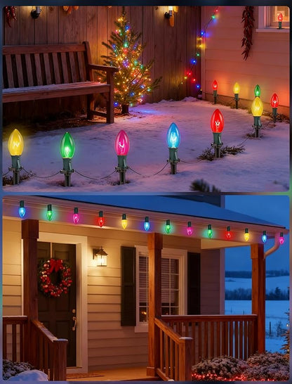 C9 Christmas Pathway Lights Outdoor, 38Ft Vintage Christmas Decorations String Lights with 27 C9 Multicolor Bulbs and 25 Stakes, Outside Walkway Lights for Driveway Sidewalk Yard Path Xmas Decor
