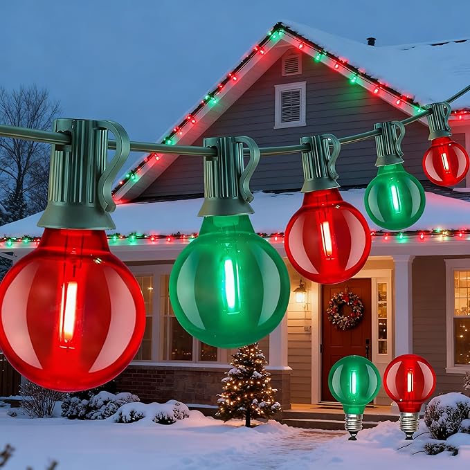Abeja 50FT Multicolor Christma Lights Outdoor, Red/Green Christmas Lights with 25 LED Colorful Bulbs(2 Spare), Outside Christmas Hanging Light for Tree Roofline Holiday Party