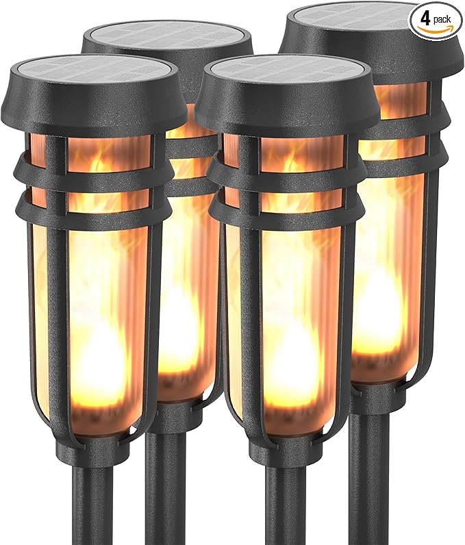 Metal Solar Torch Lights - Adjustable Height (24" - 50"), Outdoor Garden Decor with Patented LED, Waterproof Solar Tiki Torches for Yard, Patio, Garden Pathway, Matte Black – 4 Pack