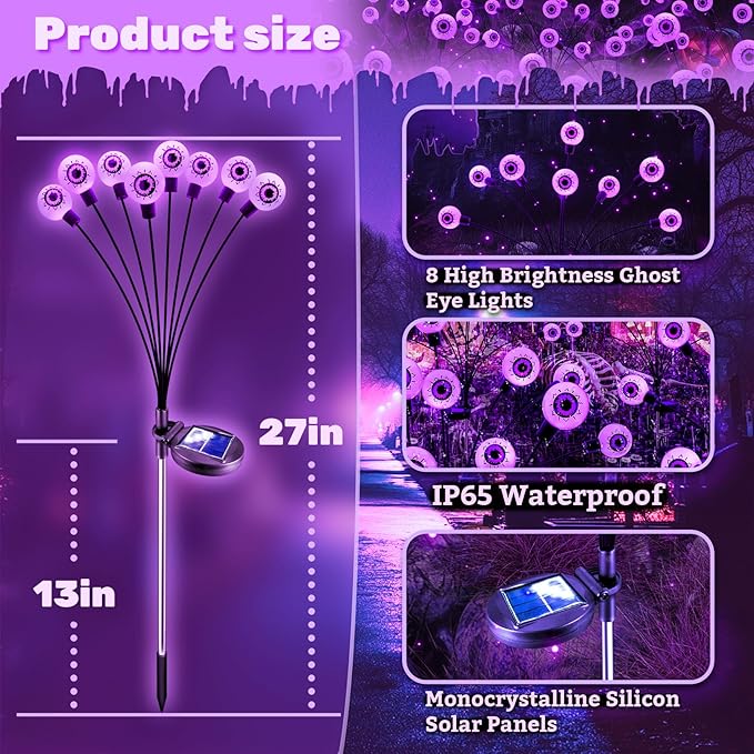 Solar Halloween Lights Decorations Outdoor: 2 Pack16 LED Scary Purple Eyeball Light Waterproof for Yard Outside Decor - Swaying Firefly Garden Lighting Pathway Party Easter Decorative
