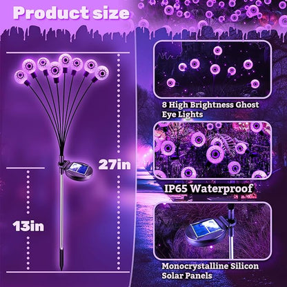 Solar Halloween Lights Decorations Outdoor: 2 Pack16 LED Scary Purple Eyeball Light Waterproof for Yard Outside Decor - Swaying Firefly Garden Lighting Pathway Party Easter Decorative