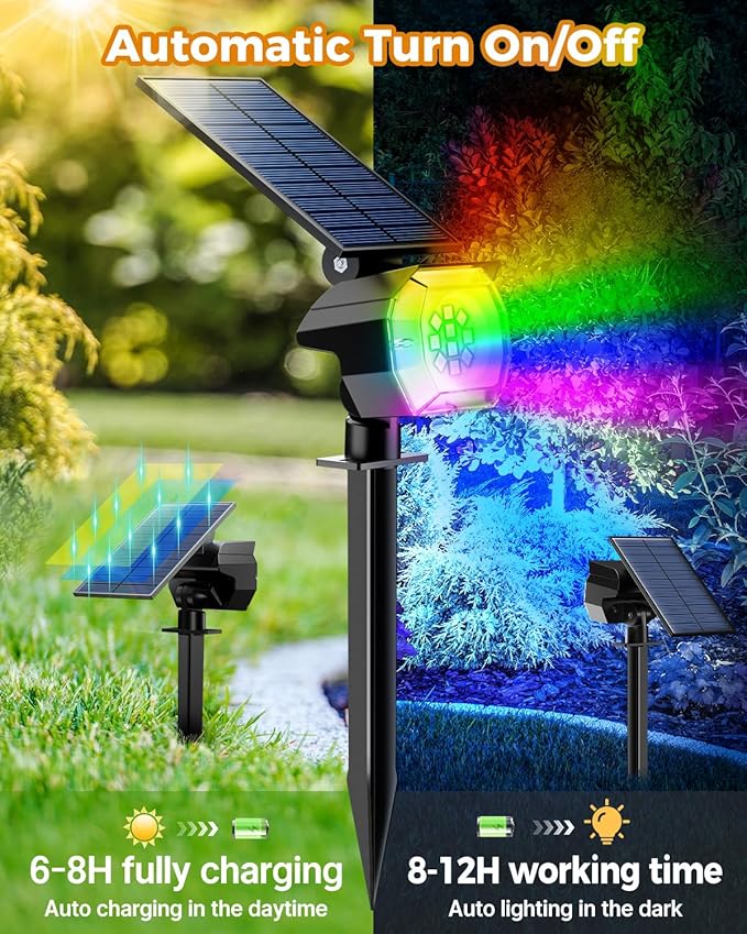 btfarm Solar Lights Outdoor Waterproof IP65-2 Pack LED Color Changing Spot Light 7 Lighting Color RGB Powered | Lumora