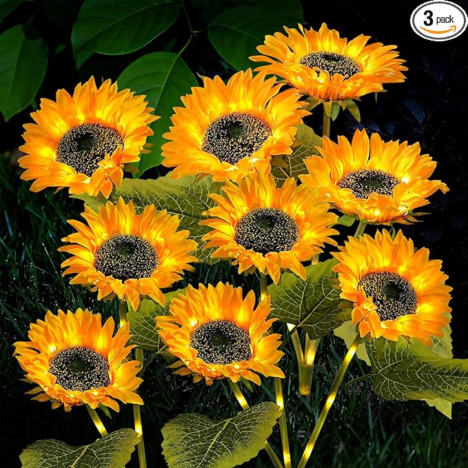 3 Pack Solar Garden Lights Outdoor, 2 Lighting Modes Warm White LED Waterproof Solar Powered Sun Flowers Landscape Light for Outside Yard, Patio, Pathway Decorative, Décor, Gifts