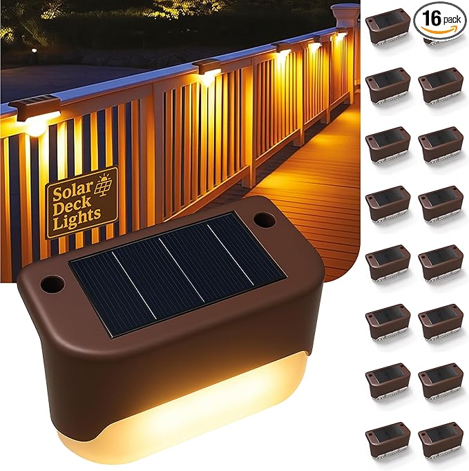 Solar Deck Lights Outdoor 16 Pack, Peel And Stick Deck Railing Lights, Long-lasting & Durable Waterproof For Outdoor Stairs, Step, Fence, Yard, Balcony, Patio, Railing, Garden & Pathway, (Warm White)