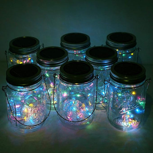 Solar Mason Jar Lights, 6 Pack 20 LED Waterproof Fairy Star Firefly String Lights with 6 Hangers (Jar Not Included), for Mason Jar Garden Wedding Christmas Party Decor（4 Colors）