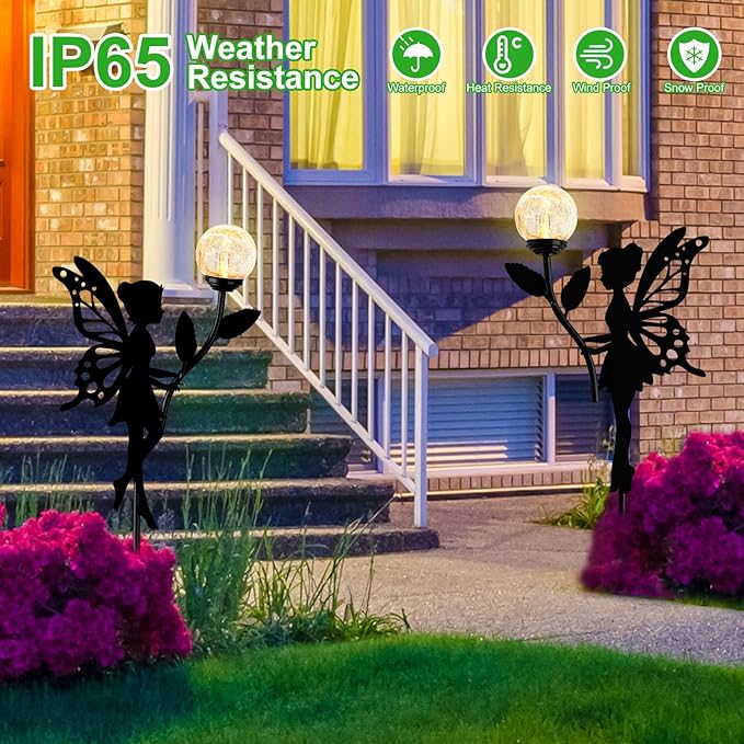 Ouddy Decor 2 Pack Solar Fairy Garden Decor, Metal Statues with Crackle Glass Globe Lights Silhouette Waterproof | Lumora