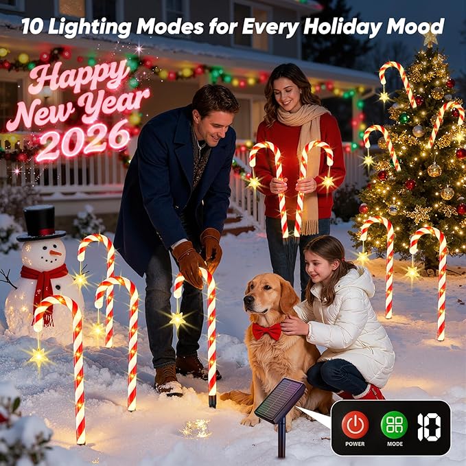 Solar Christmas Lights Outdoor Decorations: 24-Pack Candy Cane Pathway Lights with 10 Modes - Unique Xmas Gifts for Mom Women - Waterproof Decorative Christmas Yard Stakes for Holiday Garden Decor