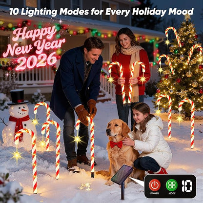Solar Christmas Lights Outdoor Decorations: 24-Pack Candy Cane Pathway Lights with 10 Modes - Unique Xmas Gifts for Mom Women - Waterproof Decorative Christmas Yard Stakes for Holiday Garden Decor