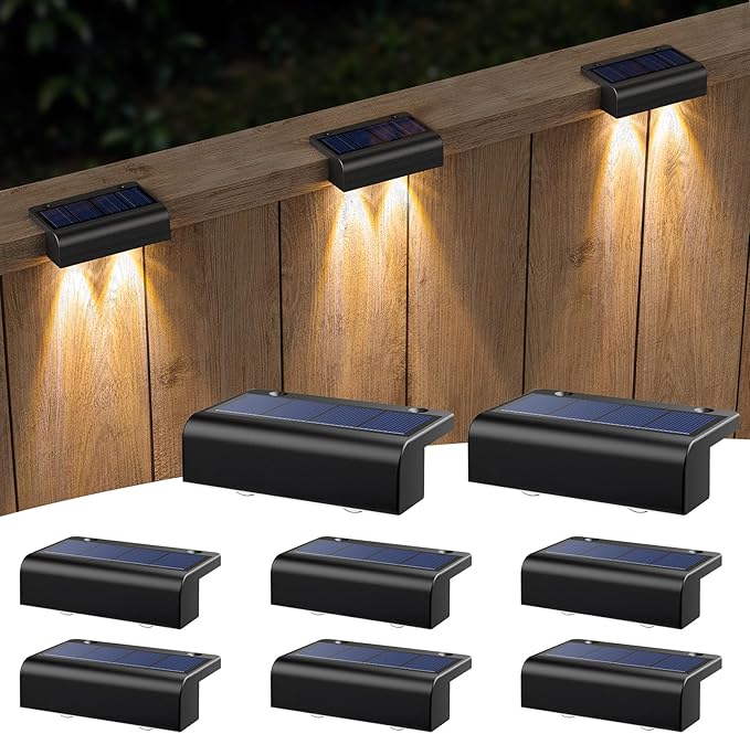 Bridika 8 Pack Solar Deck Lights, Lens Led Solar Lights Outdoor Waterproof, Fence Light Solar Powered for Deck, Step, Stair, Railing, Patio and Backyard (Warm White)