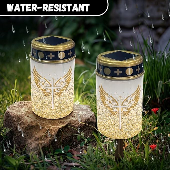 Gold Cross Solar Powered Lights for Grave Outdoor Solar Lights Waterproof Flameless Candle LED Light for Grave Cemetery Garden Decor Solar Cross for Patio Pathway Memorial Decoration