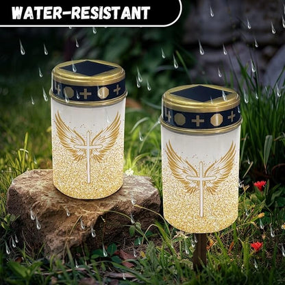 Gold Cross Solar Powered Lights for Grave Outdoor Solar Lights Waterproof Flameless Candle LED Light for Grave Cemetery Garden Decor Solar Cross for Patio Pathway Memorial Decoration