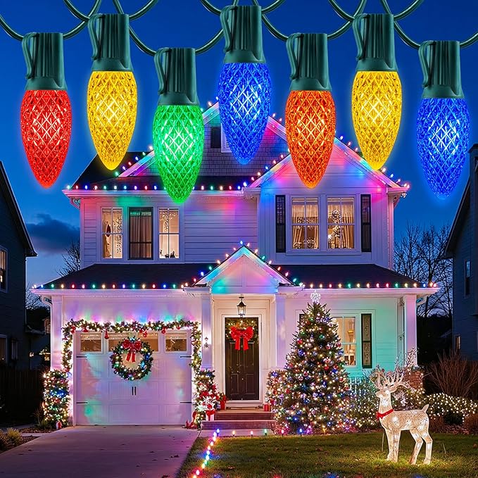 Minetom C9 Christmas String Lights, 100 Ft Multicolor C9 Outdoor Christmas Lights with 100 Strawberry Led Bulbs, Connectable UL Certified for Outdoor Indoor Roofline Holiday Backyard Xmas Decor
