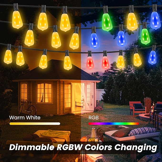 Auroraworld 100FT Outdoor String Lights with 50 LED Bulbs, Dimmable, RGB Color-Changing Patio Lights with Remote, Shatterproof, Waterproof for Yards, Parties, Weddings